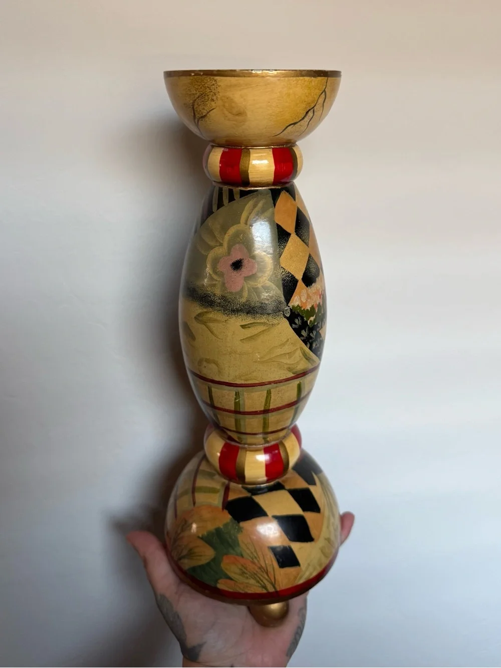 Bombay Company Candle Stick Holder Wooden Hand Painted Bold Decorated Pillar 13
